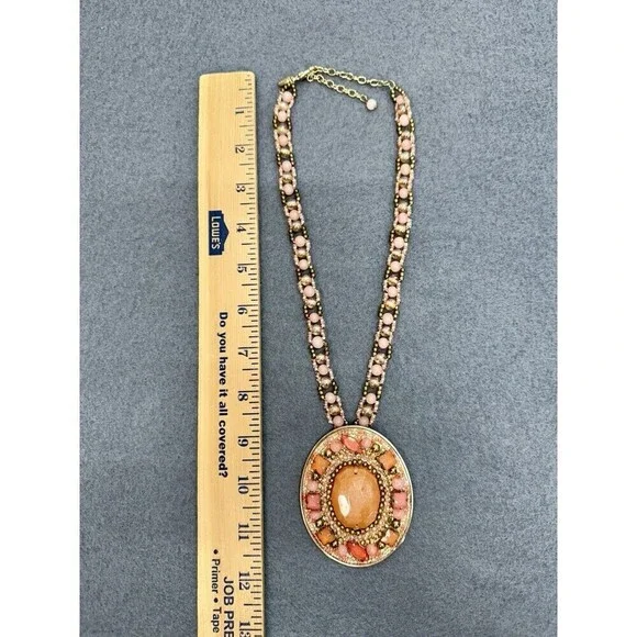Vintage Chicos Statement Necklace Large Pink Peach Rhinestone Pendant Beaded - Picture 9 of 9